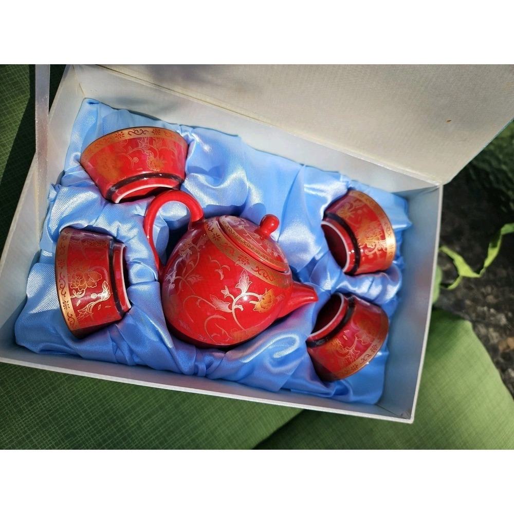 Vintage Japanese Eirak Red Orange Gold Porcelain‎ Tea Set Eiraku 5 Pc Sake